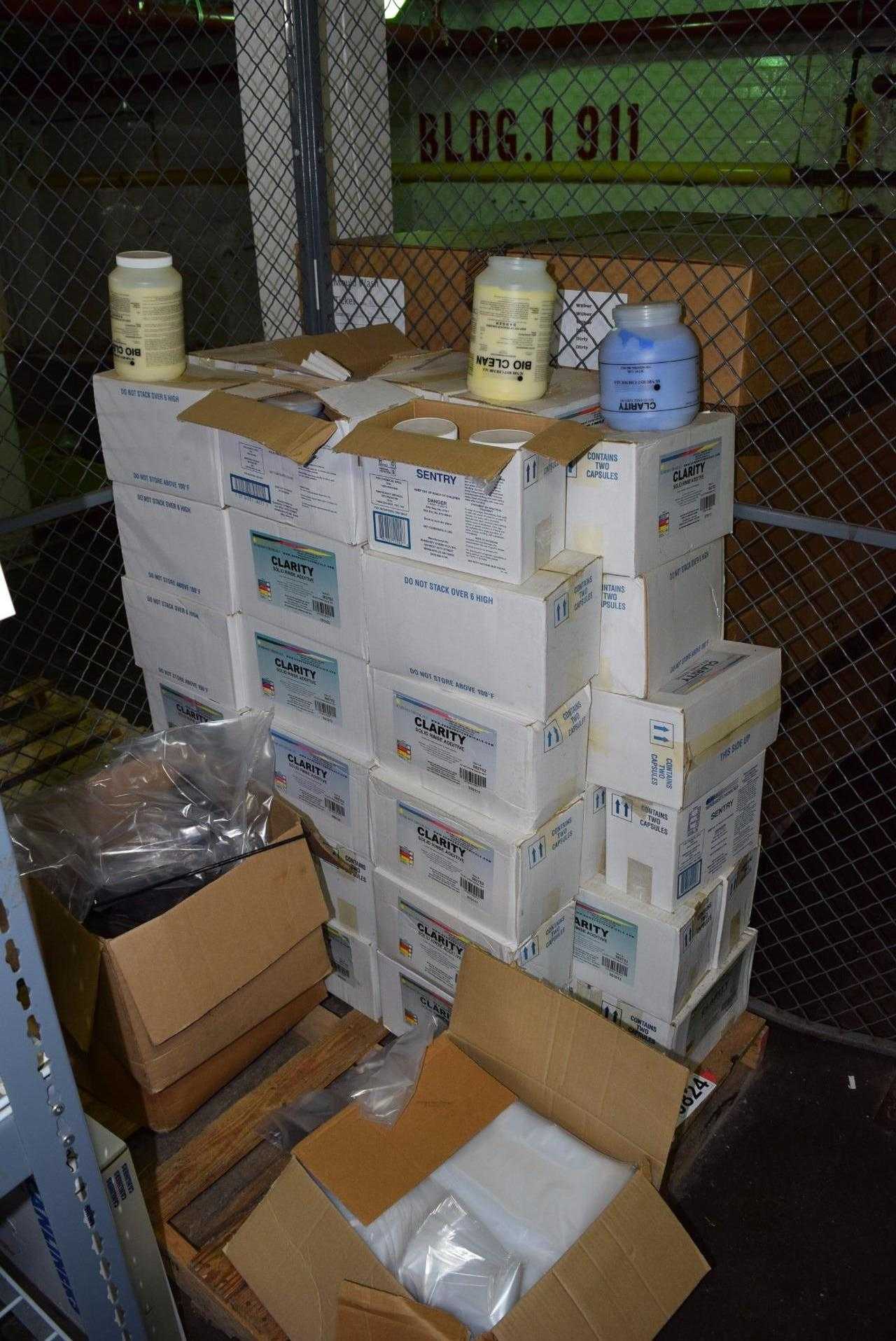 1 PALLET OF ASSORTED CONTENTS - CLARITY SOLID RINSE ADDITIVE, PLASTIC BAGS - MISCELLANEOUS 1 PALLET OF ASSORTED CONTENTS - CLARITY SOLID RINSE ADDITIVE, PLASTIC BAGS - MISCELLANEOUS