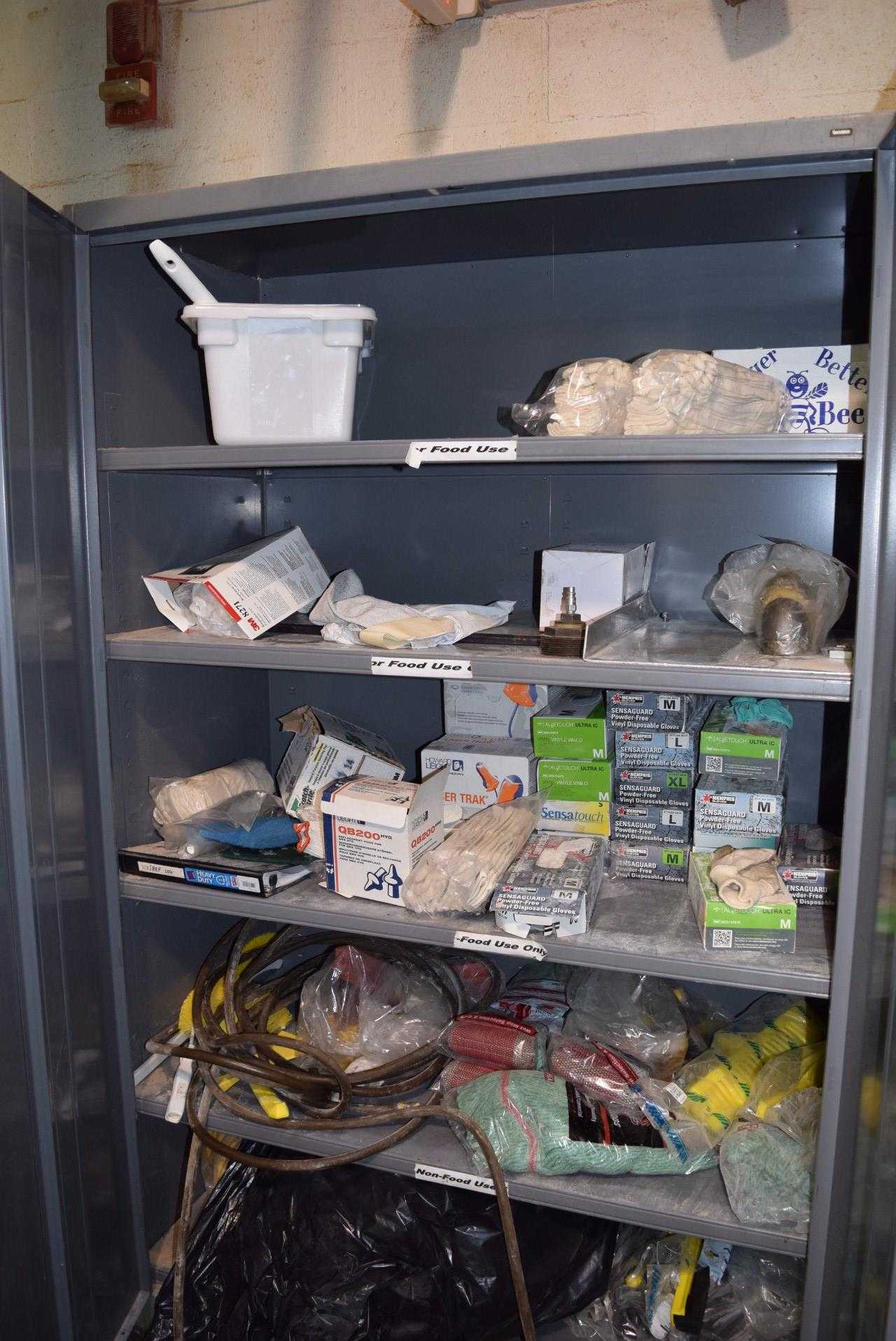 CABINET WITH CONTENTS - MOP HEADS AND GLOVES - MISCELLANEOUS