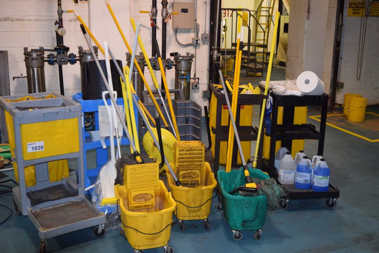 LOT OF JANITORIAL EQUIPMENT - BROOMS, MOP BUCKETS, MOPS, CLEANERS, ROLLING CARTS - MISCELLANEOUS