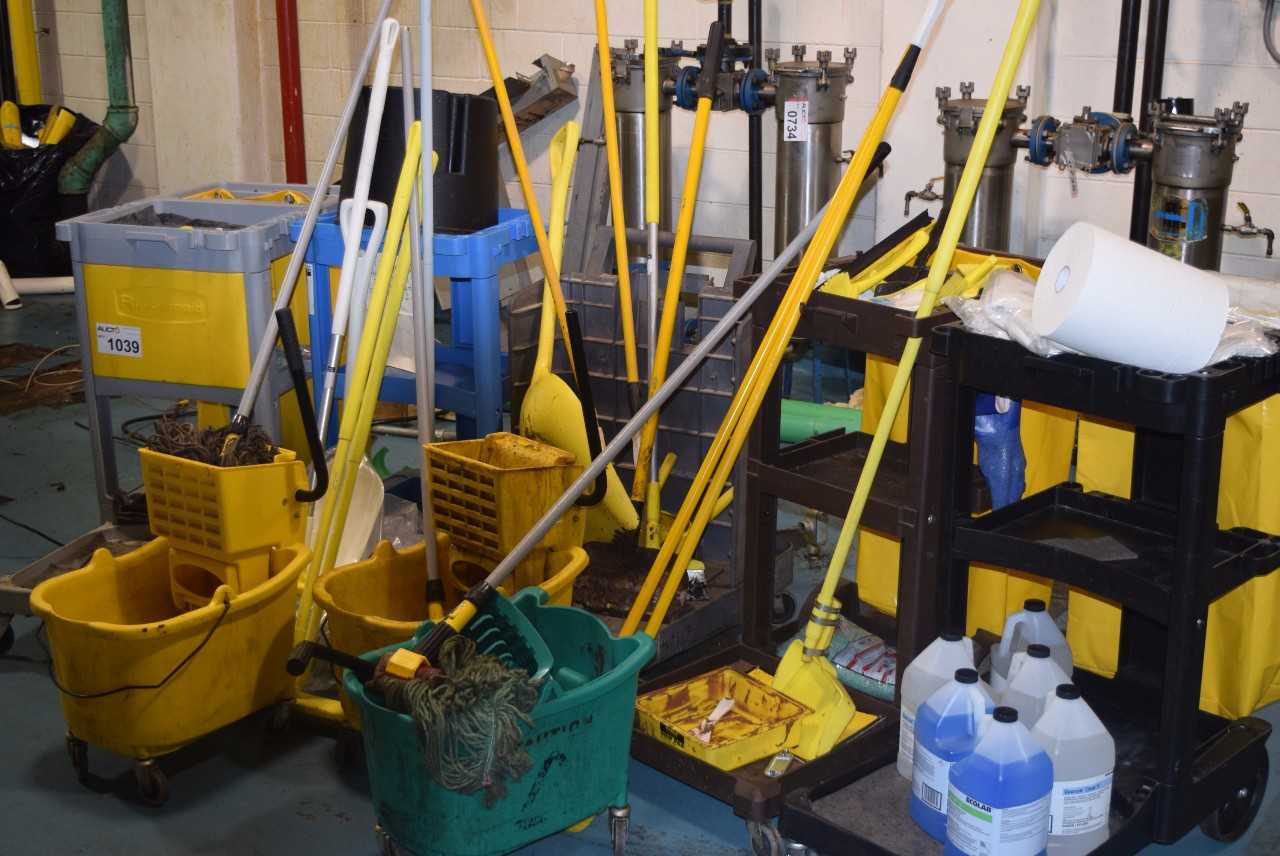 LOT OF JANITORIAL EQUIPMENT - BROOMS, MOP BUCKETS, MOPS, CLEANERS, ROLLING CARTS - MISCELLANEOUS