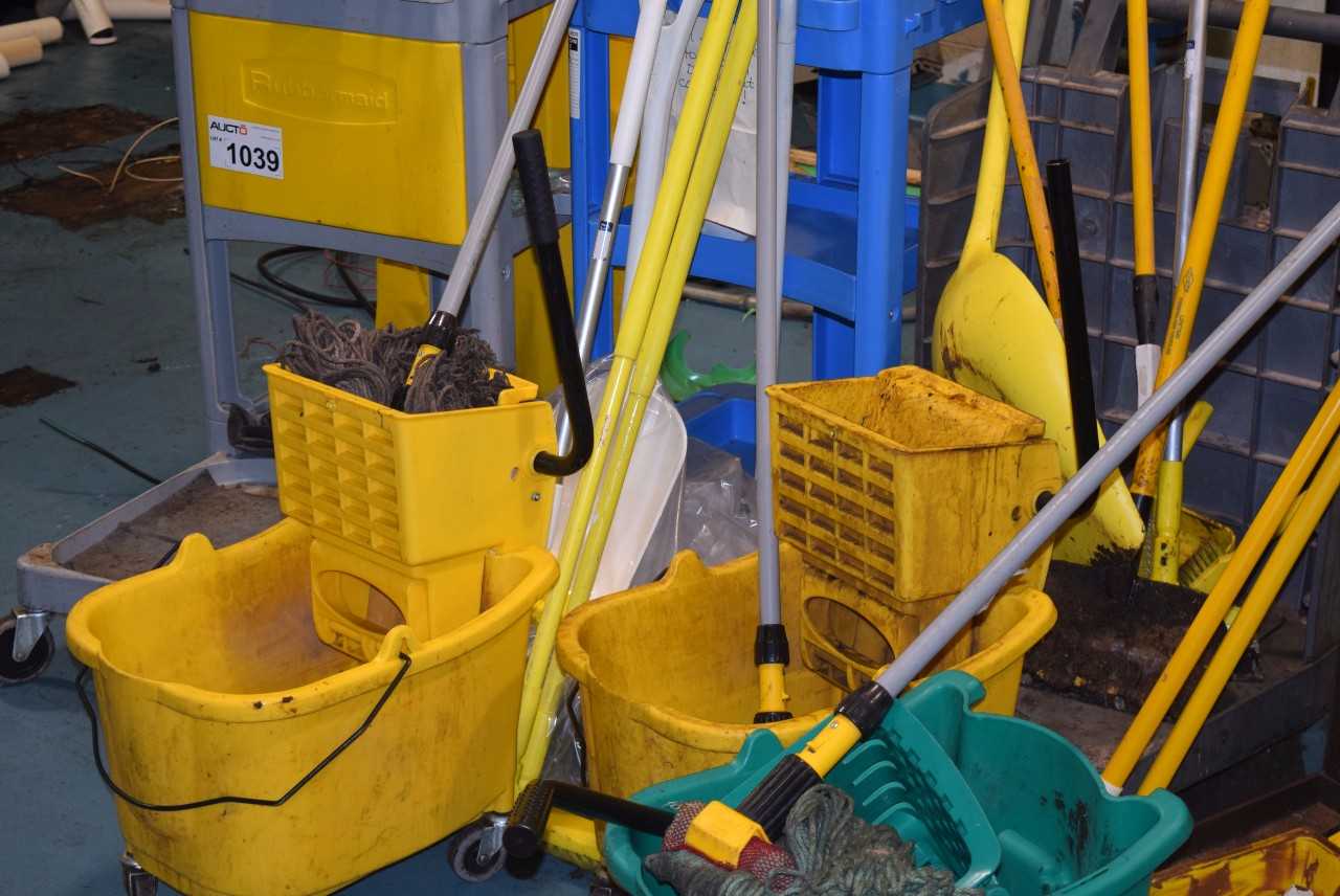 LOT OF JANITORIAL EQUIPMENT - BROOMS, MOP BUCKETS, MOPS, CLEANERS, ROLLING CARTS - MISCELLANEOUS