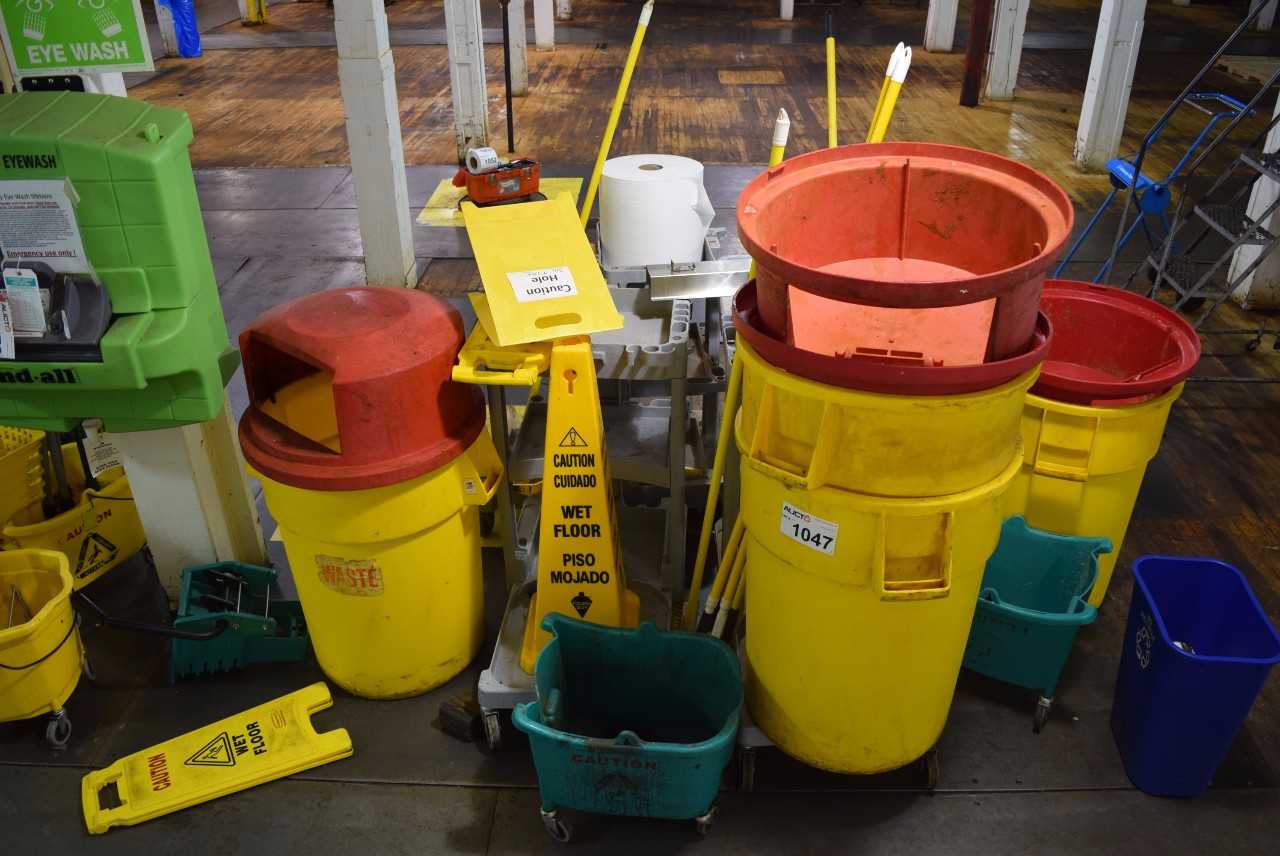 LOT OF JANITORIAL EQUIPMENT - GARBAGE BINS, BROOMS, MOPS, MOP BUCKETS (EYE WASH STATION NOT INCLUDED) - MISCELLANEOUS