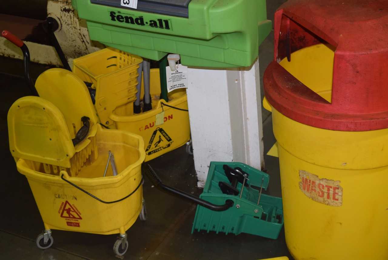 LOT OF JANITORIAL EQUIPMENT - GARBAGE BINS, BROOMS, MOPS, MOP BUCKETS (EYE WASH STATION NOT INCLUDED) - MISCELLANEOUS