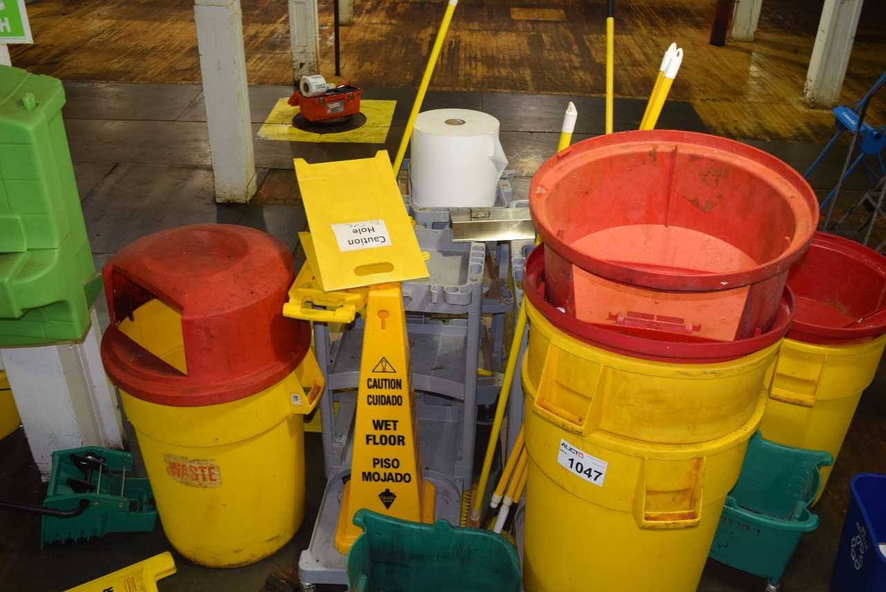 LOT OF JANITORIAL EQUIPMENT - GARBAGE BINS, BROOMS, MOPS, MOP BUCKETS (EYE WASH STATION NOT INCLUDED) - MISCELLANEOUS