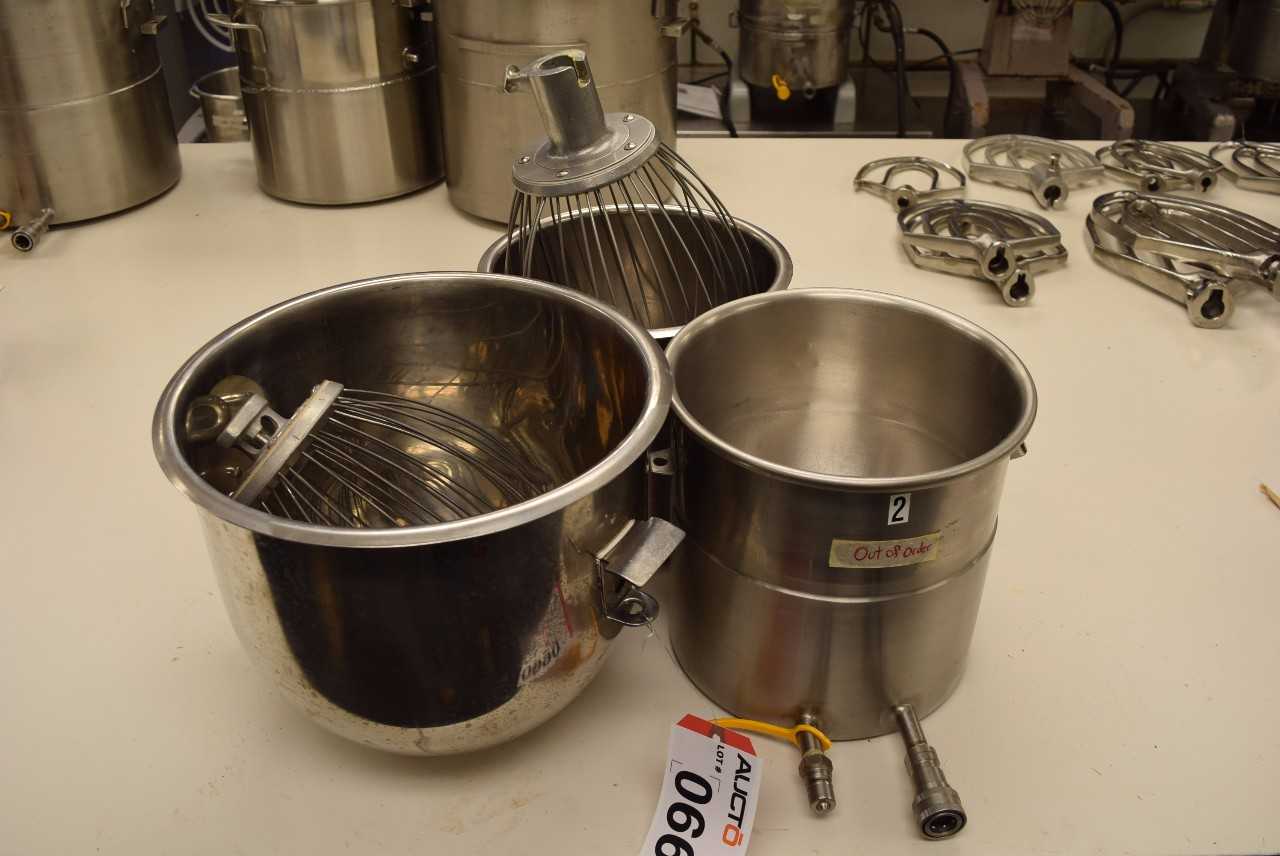 LOT OF HOBART STAINLESS JACKETED MIXING BOWLS AND MIXER ATTACHMENTS - MISCELLANEOUS