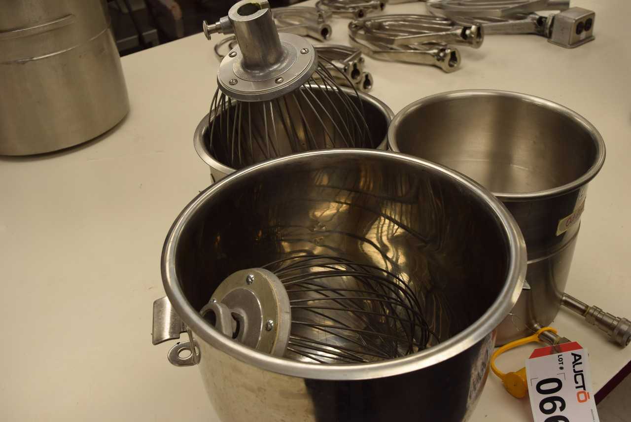 LOT OF HOBART STAINLESS JACKETED MIXING BOWLS AND MIXER ATTACHMENTS - MISCELLANEOUS