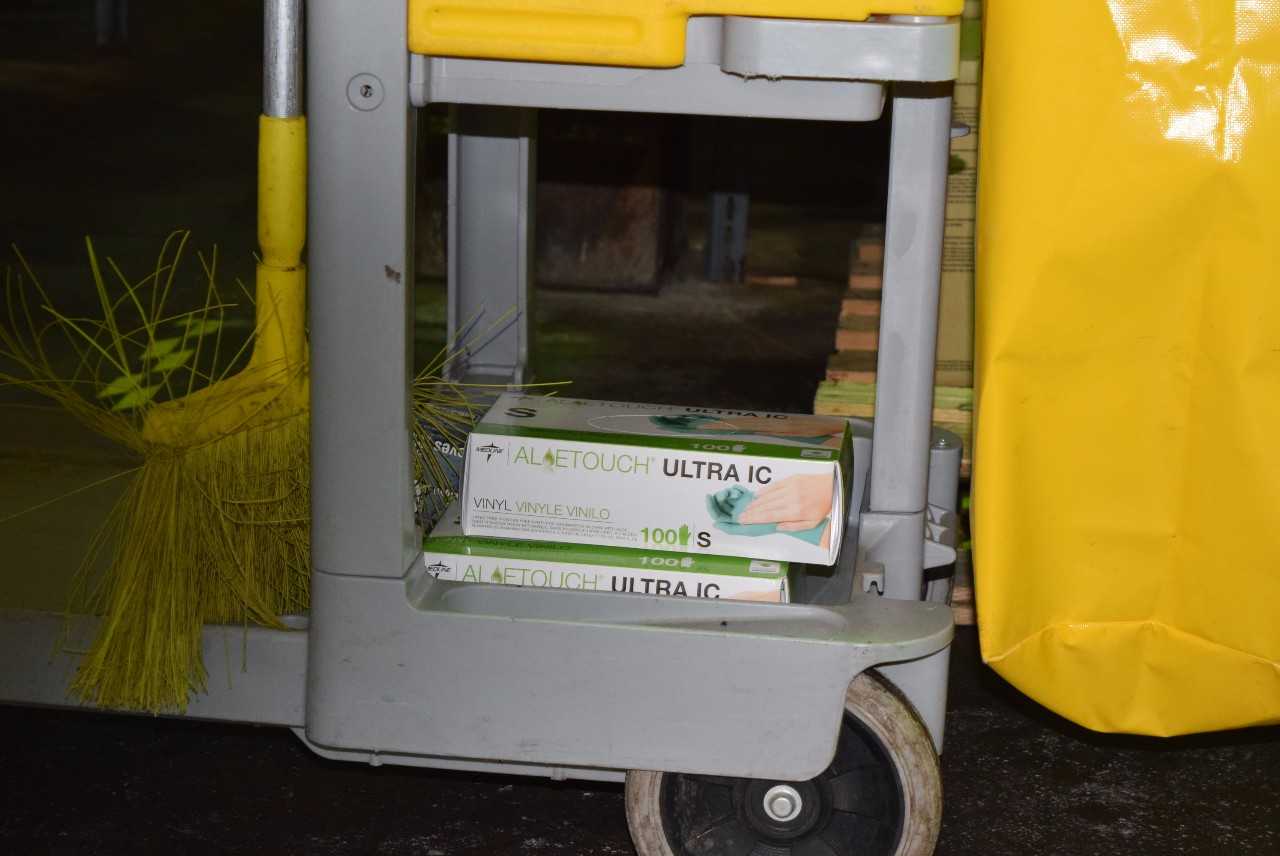 JANITORIAL CART WITH GLOVES AND BROOM - MISCELLANEOUS