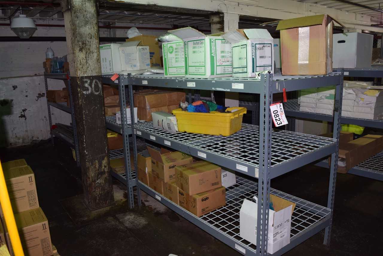 CONTENTS OF SHELVES - BEARD COVERS, MOPS, PAPER BAGS - MISCELLANEOUS