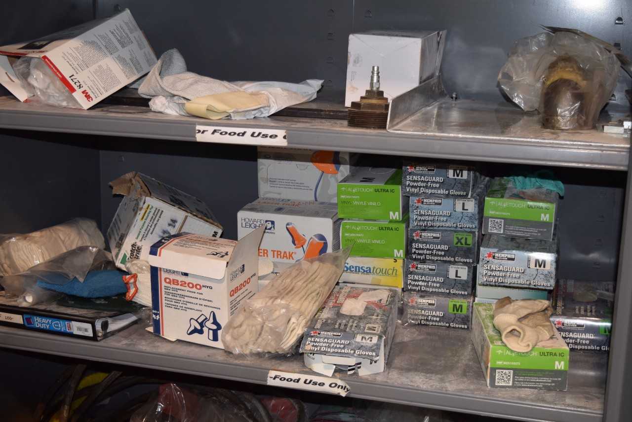 CABINET WITH CONTENTS - MOP HEADS AND GLOVES - MISCELLANEOUS