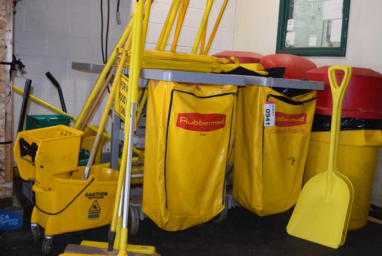 LOT OF JANITORIAL EQUIPMENT - BROOMS, GARBAGE BIN, MOP BUCKET - MISCELLANEOUS