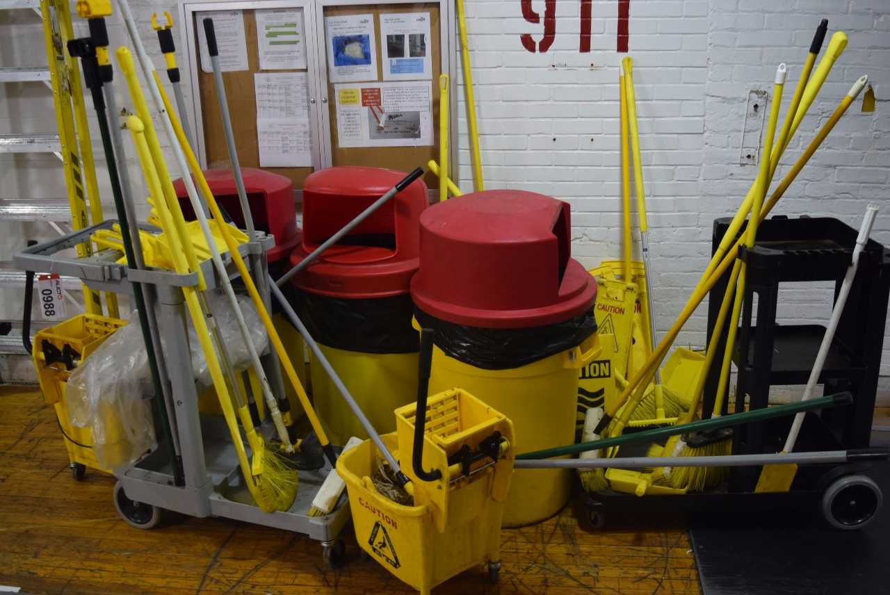 LOT OF JANITORIAL EQUIPMENT - BROOMS, GARBAGE BIN, MOP BUCKET - MISCELLANEOUS