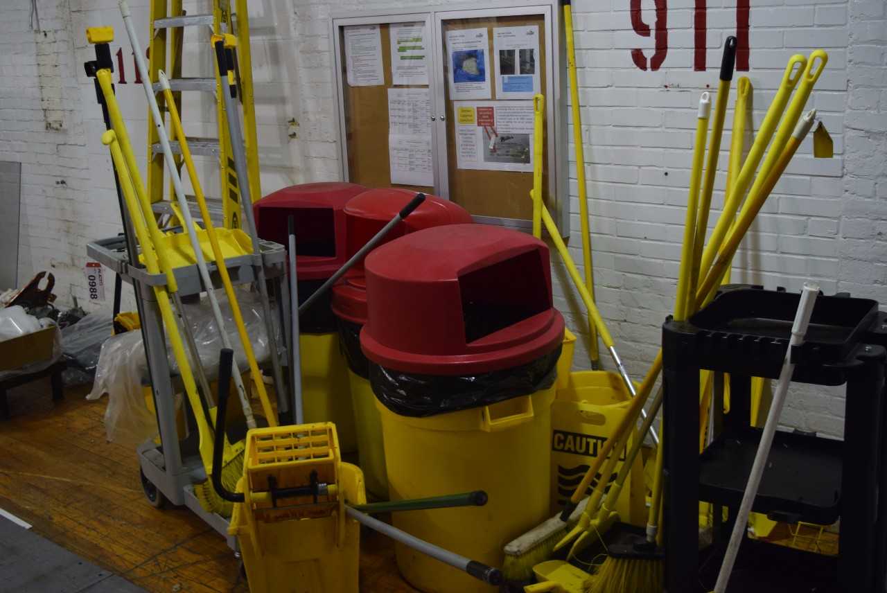LOT OF JANITORIAL EQUIPMENT - BROOMS, GARBAGE BIN, MOP BUCKET - MISCELLANEOUS