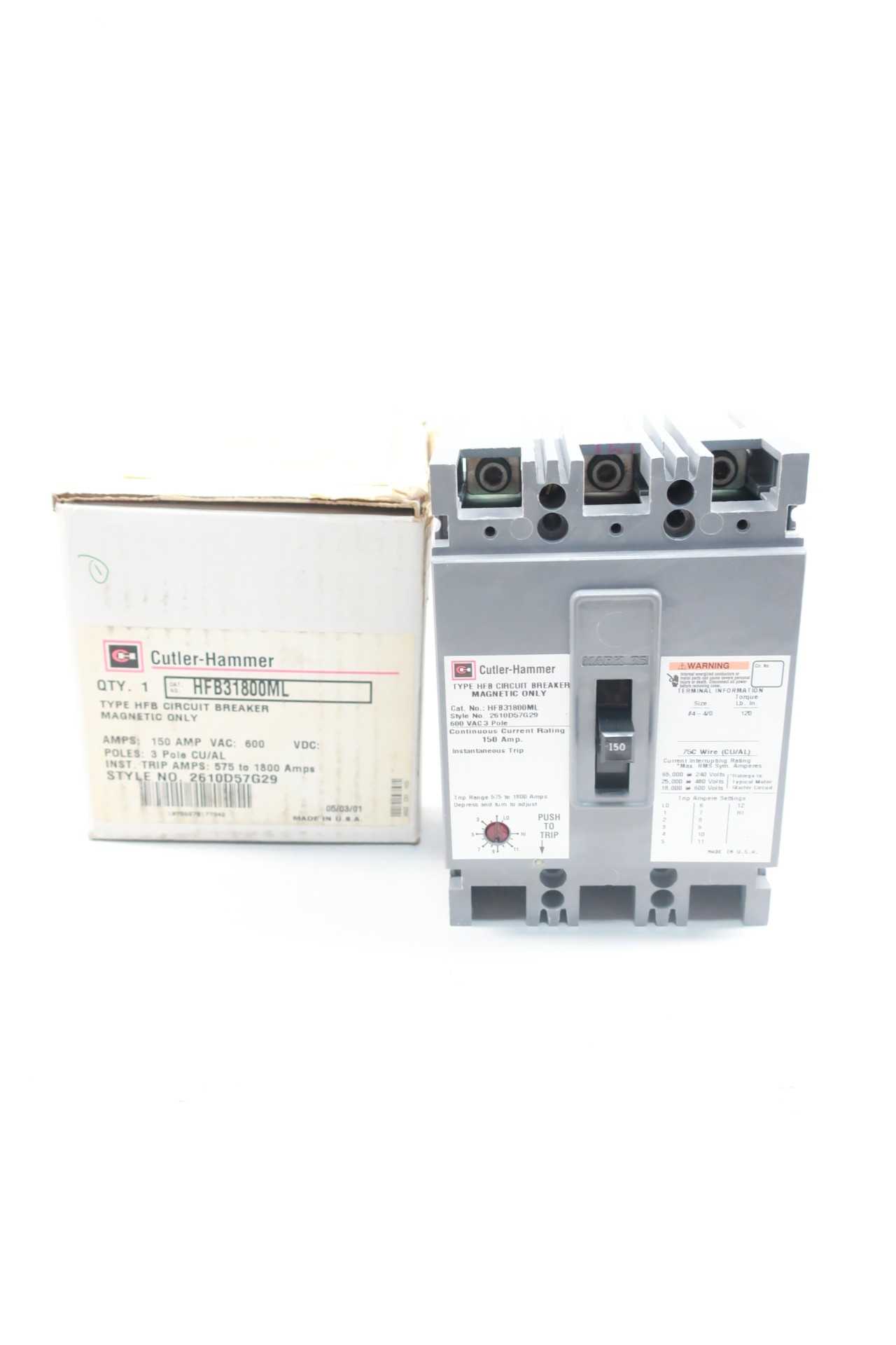 CUTLER HAMMER HFB31800ML MAGNETIC 3P 150A AMP 600V-AC MOLDED CASE CIRCUIT BREAKER - CIRCUIT BREAKERS
