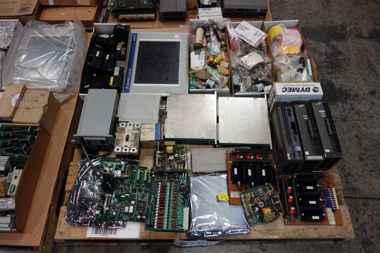 4 PALLETS OF ASSORTED ELECTRICAL - LIGHTING, CIRCUIT BOARDS, MODULES, TONER KIT, CABLES, FUSES, BREAKERS, IPANELS, TRANSORMERS, MISCELLANEOUS - ALLEN BRADLEY, NEW HUBBELL, OMRON, WESTINGHOUSE, KRONES - ELECTRICAL COMPONENTS