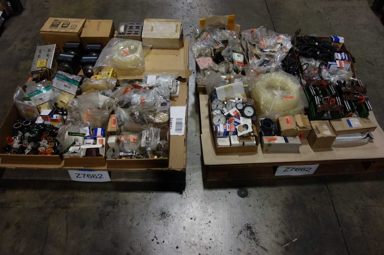 3 PALLETS OF ASSORTED MISCELLANEOUS ELECTRICAL- BULBS, WIRES, BUAGES, PRESSURE CONTROLLERS, TRANSFORMERS - ELECTRICAL COMPONENTS