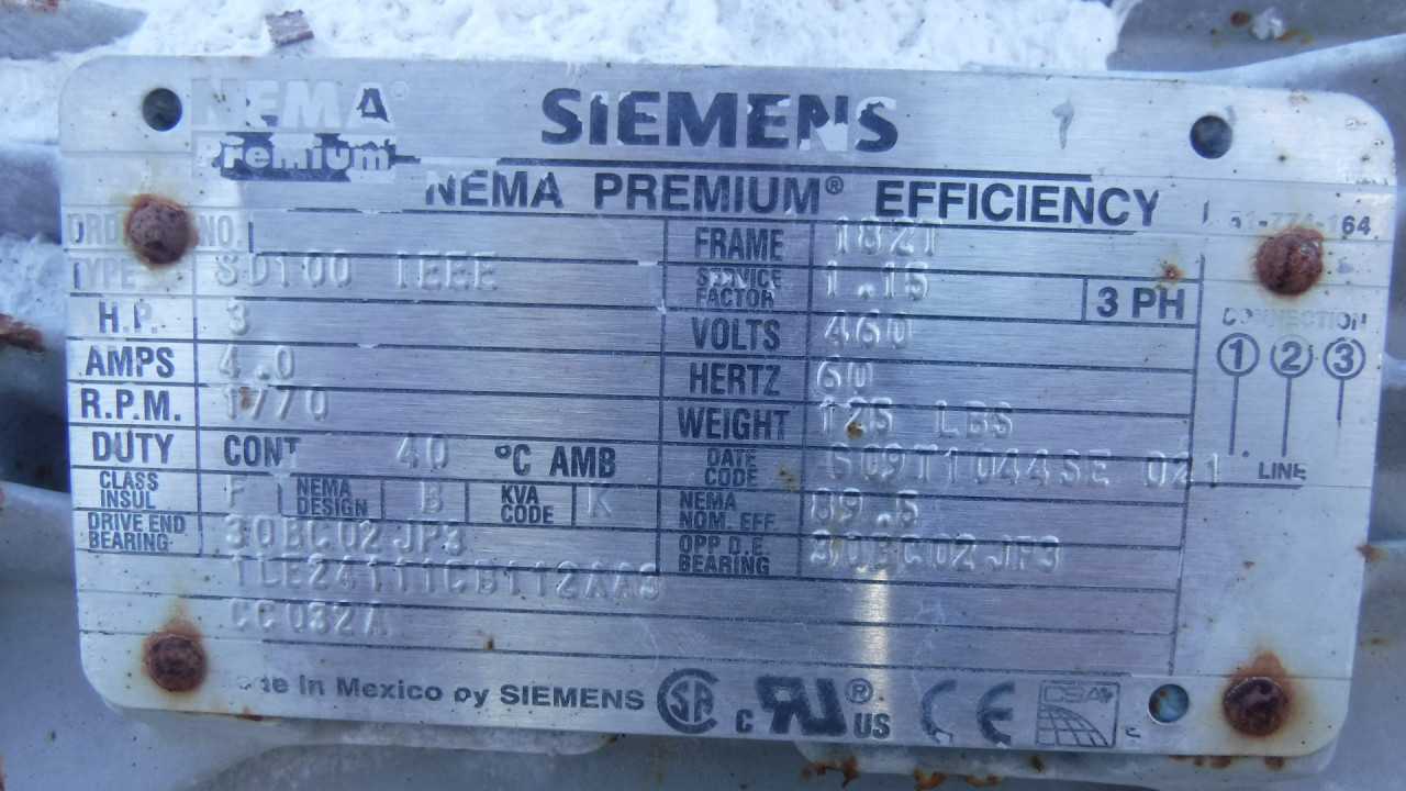 3 HP 1800 RPM 182T Frame Siemens Motor - ELECTRIC MOTORS