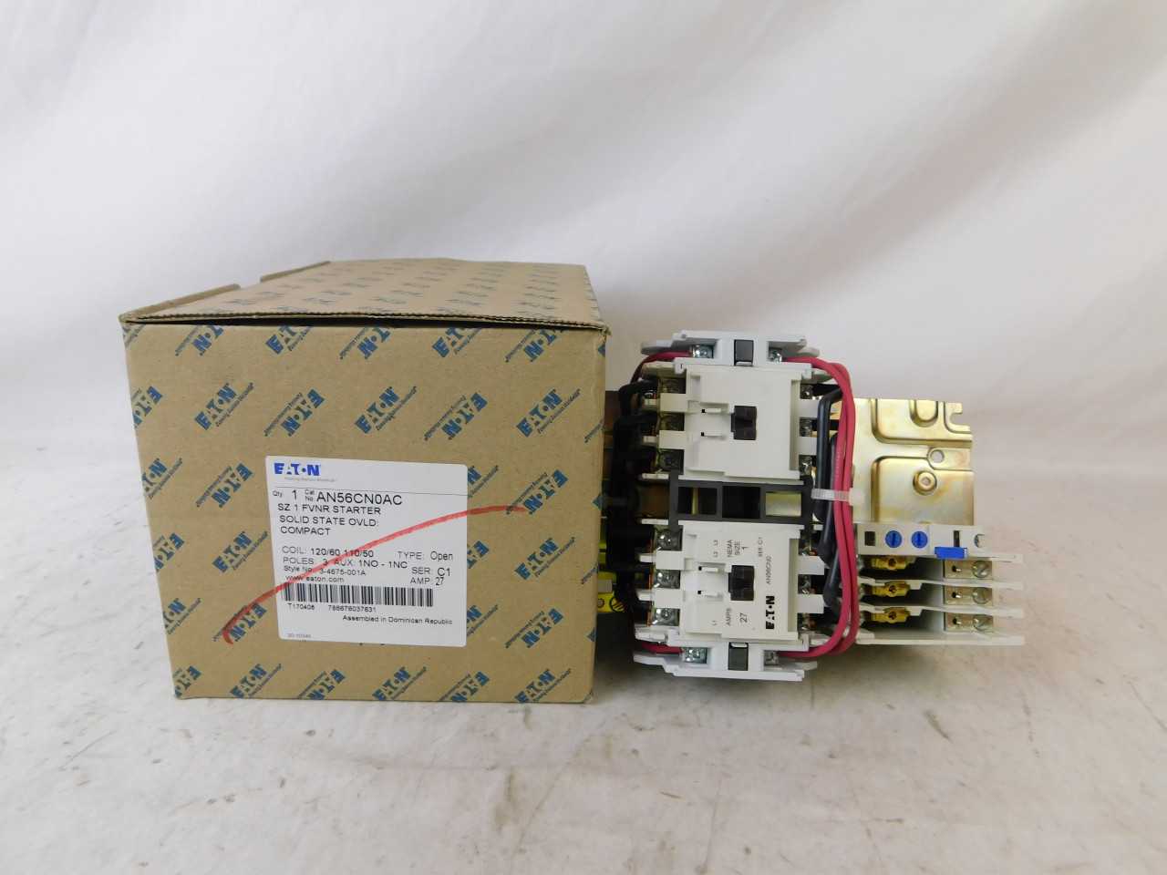 Quantity of 2 New Surplus Eaton AN56CN0AC Non-Reversing Starter Open 3P 27A 120V Size 1 - MOTOR STARTERS