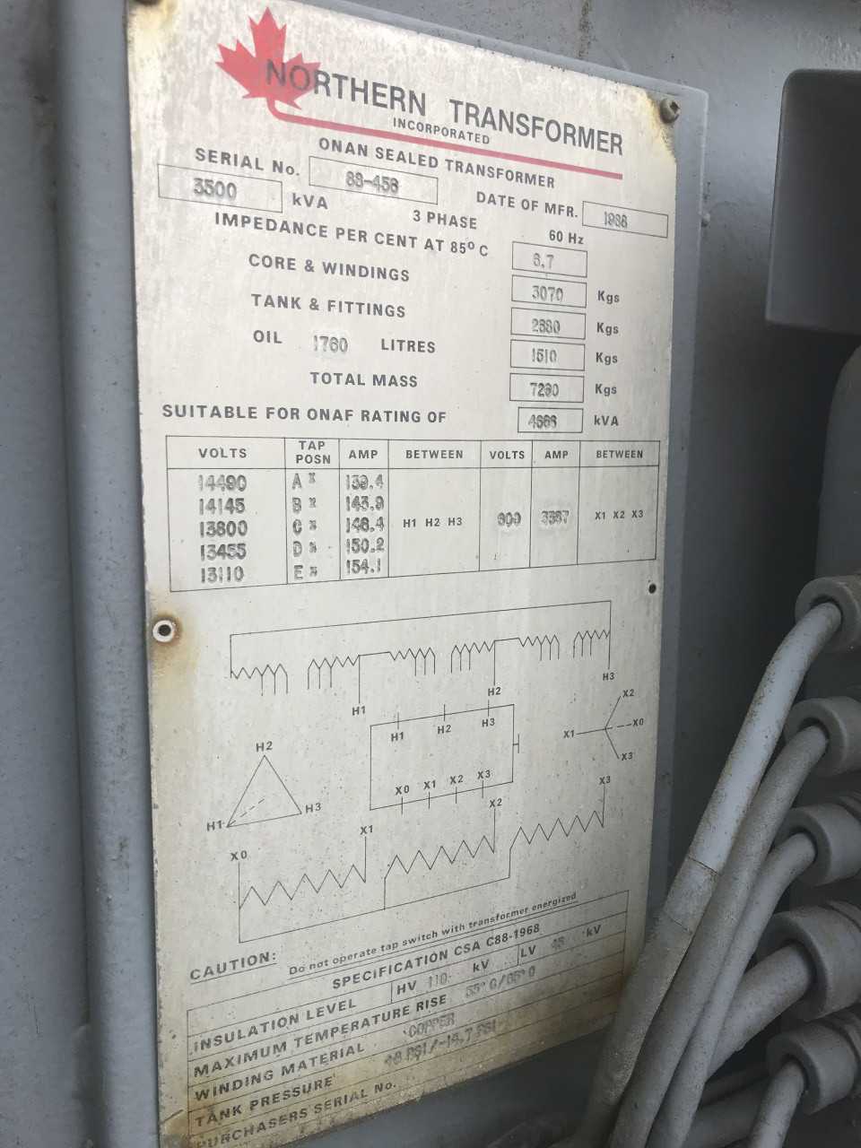 1988 Northern Transformer 3500KVA 13800V-AC Oil Type Transformer - CONTROL TRANSFORMERS