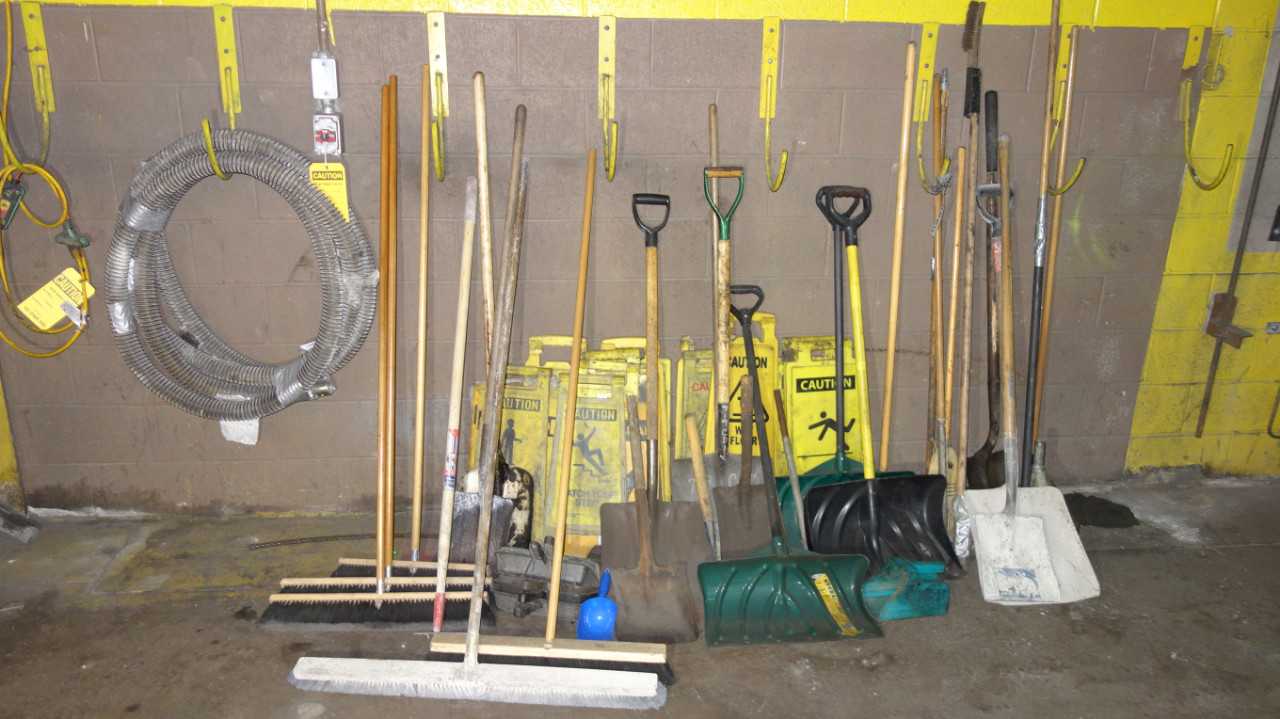 ASSORTED BROOMS, DUST PANS, SHOVELS, SIGNAGE - MISCELLANEOUS