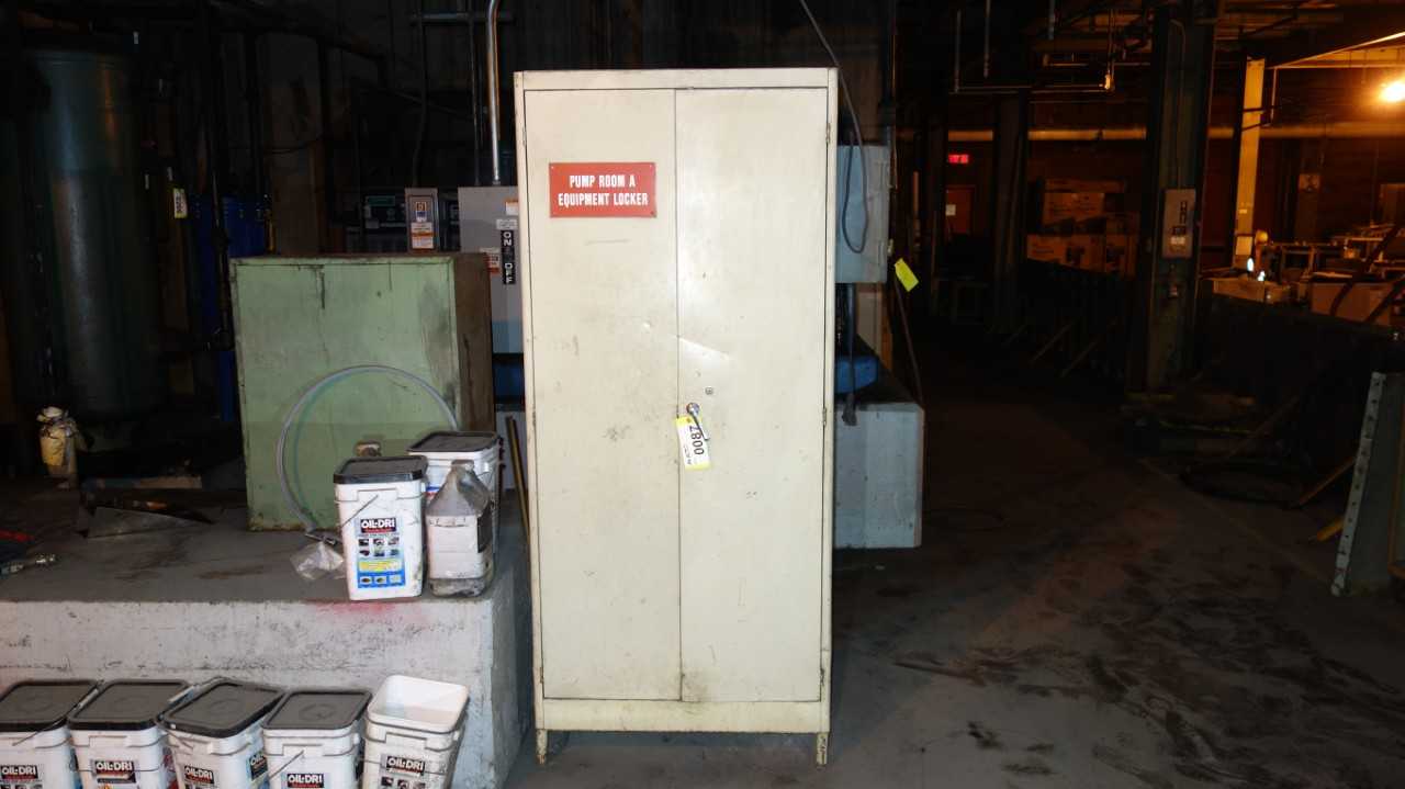 2 DOOR STEEL CABINET W/ CONTENTS, CLEANING SUPPLIES, GRACO FIRE-BALL PUMP - TOOL STORAGE