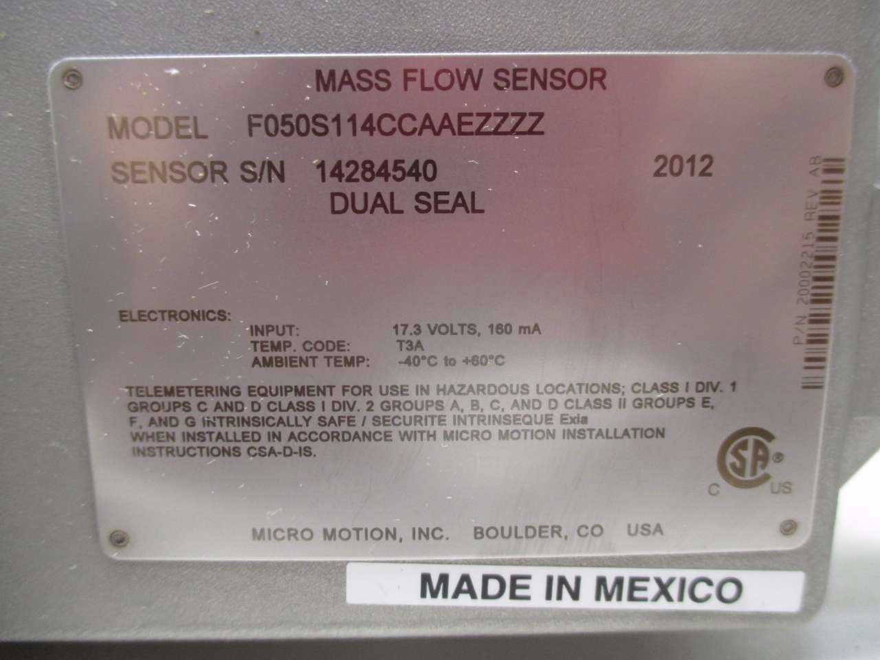 MICRO MOTION F050S114 FLOW SENSOR 1/2IN - MISCELLANEOUS