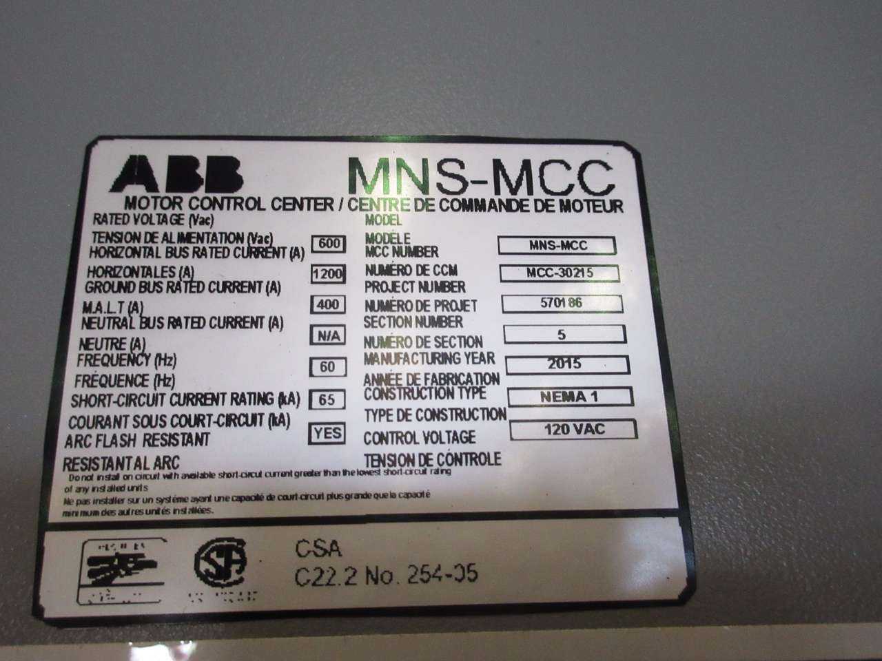 NEW ABB MNS-MCC 2X VERTICAL MCC SECTIONS 8X FEEDER BUCKET SWITCHGEAR - MISCELLANEOUS