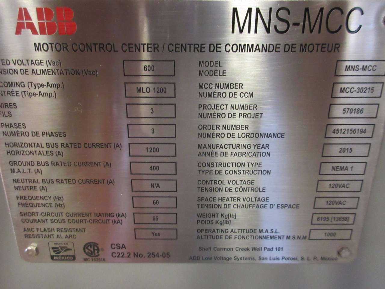 NEW ABB MNS-MCC 1200A AMP 600V-AC MCC SWITCHGEAR INCOMING MAIN - MISCELLANEOUS