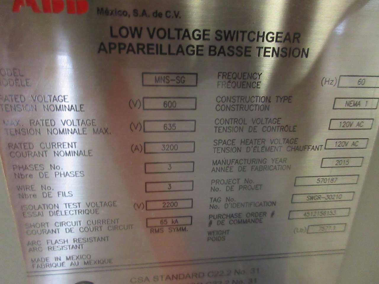 NEW ABB MNS-SG SWITCHGEAR 5X SACE E2S-A 1600A 1X SACE E4S-A 3200A - MISCELLANEOUS