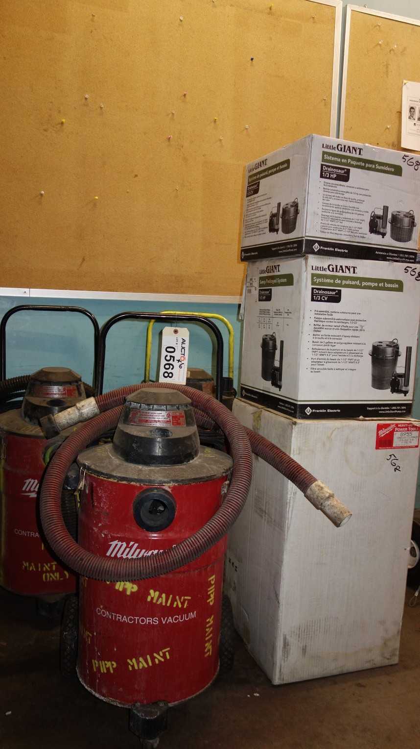 ASSORTED LOT OF SHOP VACS AND SUMP PUMPS, LITTLE GIANT DRAINOSAUR 1/3HP - DUST COLLECTOR