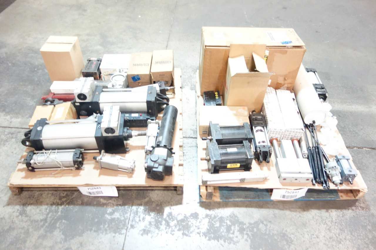 2 PALLETS OF ASSORTED PNEUMATIC CYLINDERS, PARTS, FILTERS, MOTOR, REGULATOR - ELECTRIC MOTORS