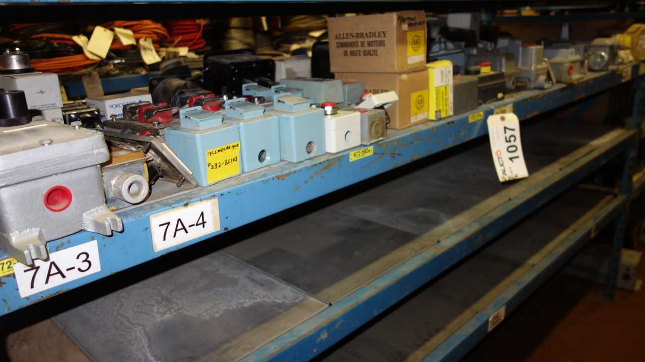 CONTENTS OF 2 SHELVES, ASSORTED ELECTRIC PUSH BUTTON CONTROL STATIONS - ELECTRICAL COMPONENTS