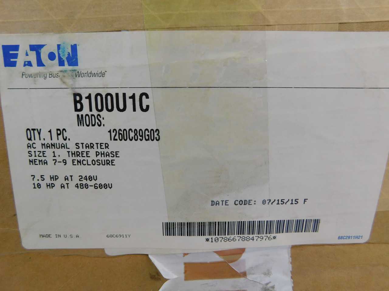 Quantity 1 of Eaton B100U1C Manual Starter AC Manual Starter - MOTOR STARTERS