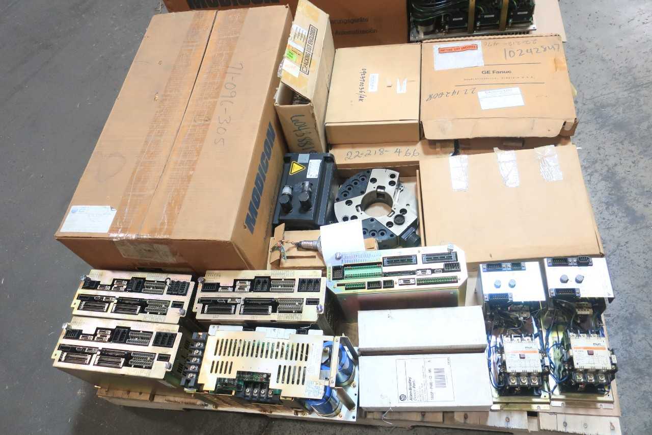 2 PALLETS OF ASSORTED ELECTRICAL CHASSIS RACK,SERVO DRIVE, MOTOR DRIVE, SERVO POWER SUPPLY, SERVO AMP, JUNCTION BOX COMM CONTROLS, SWITCH CONT, PRESSURE SENSOR, SERVOPACK, SERVO CONTROLLER ROBOT- YASKAWA, ALLEN BRADLEY, ROSEMOUNT, GENERAL ELECTRIC, AEG MO - SERVO