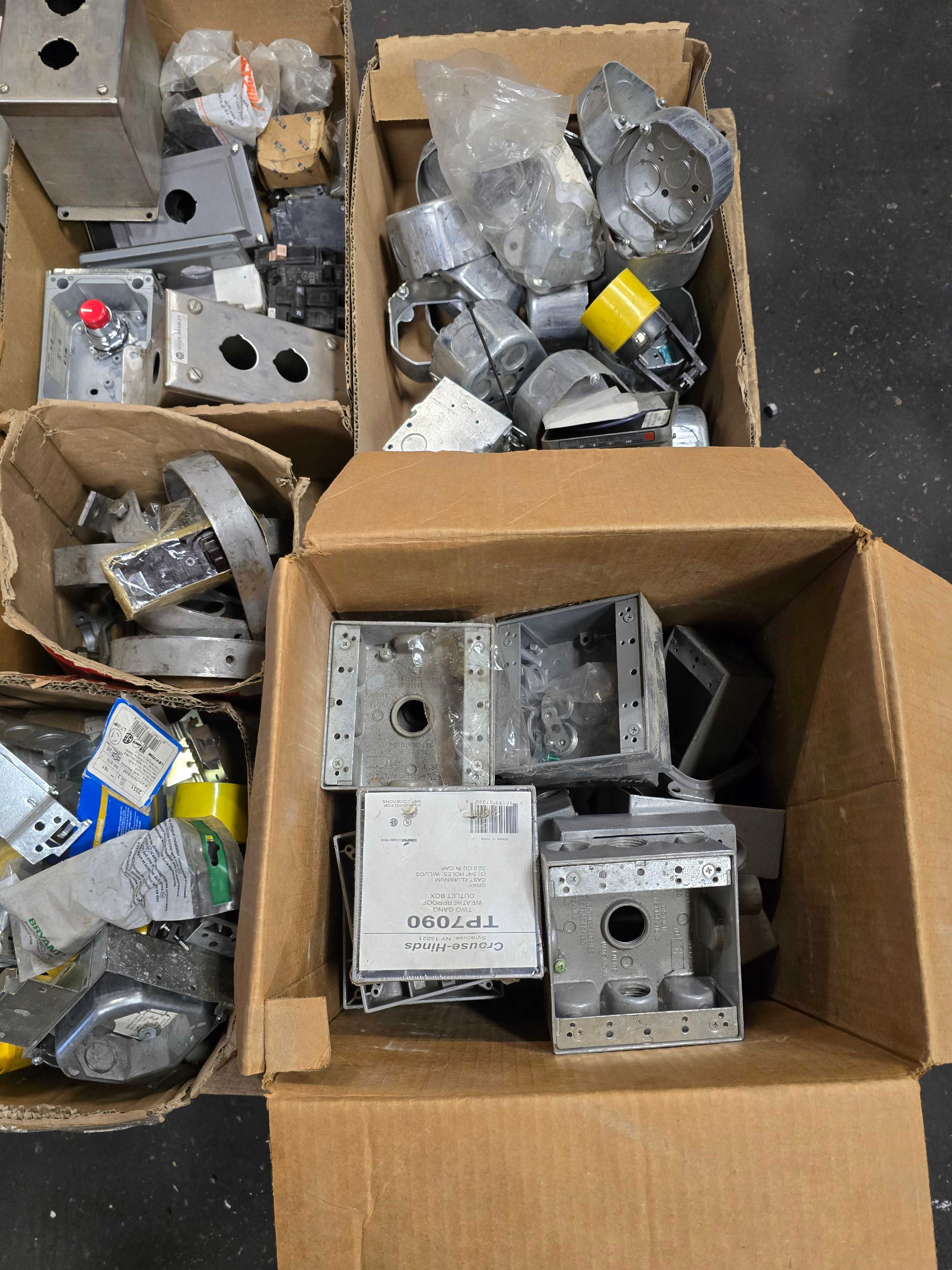 LOT OF ELECTRICAL BOXES, BREAKERS, OUTLETS, PLUGS, ETC. - ELECTRICAL COMPONENTS LOT OF ELECTRICAL BOXES, BREAKERS, OUTLETS, PLUGS, ETC. - ELECTRICAL COMPONENTS