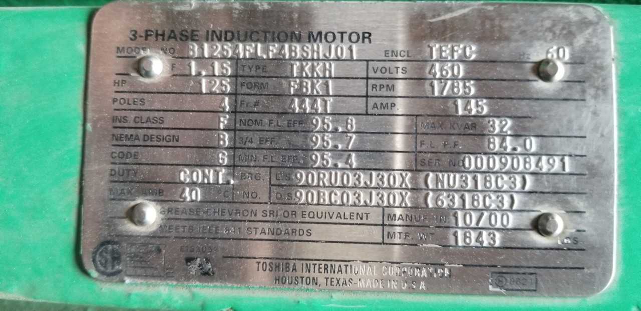 125 HP 1800 RPM 444T Frame Toshiba Motor Rebuilt - ELECTRIC MOTORS