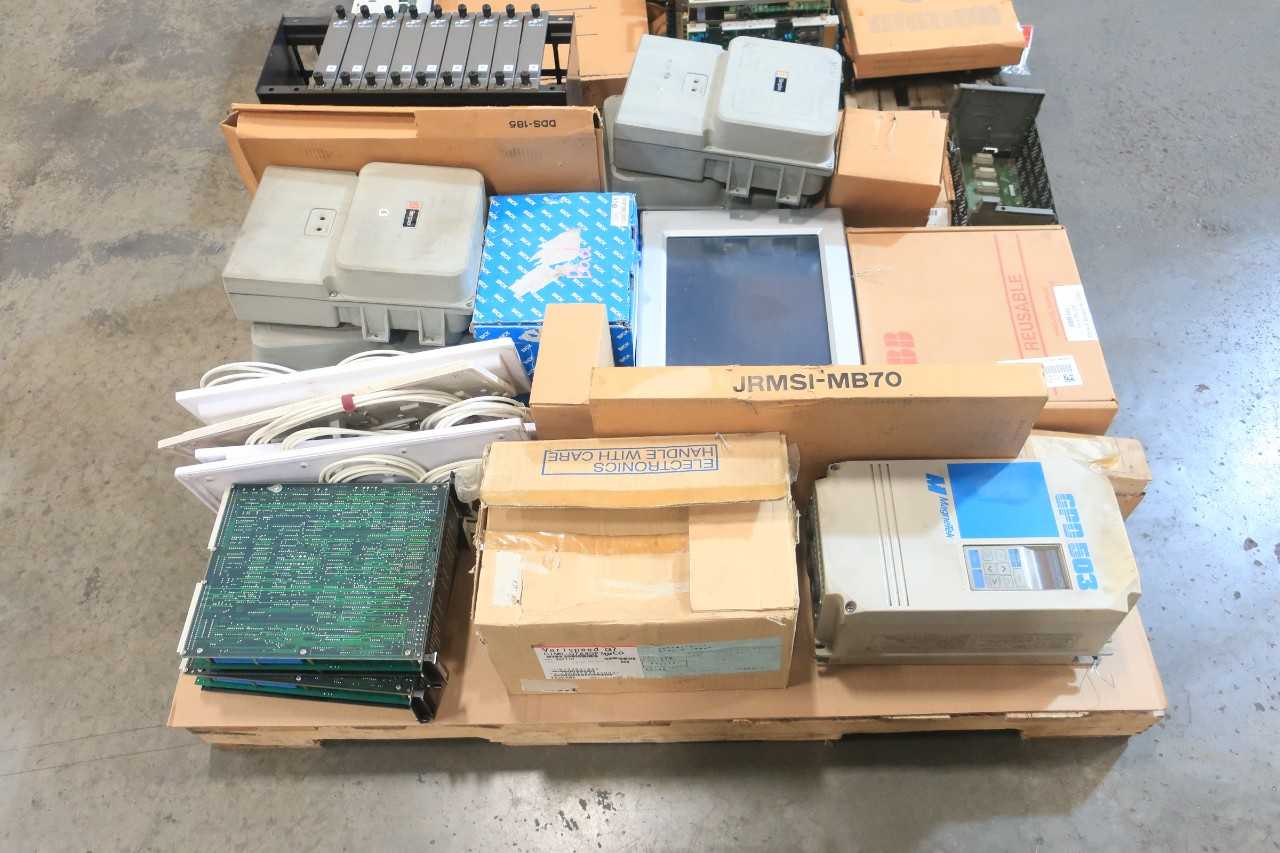 2 PALLETS OF ASSORTED ELECTRICAL ALARM SENSOR, SERVO DRIVE, INTERFACE PANEL CONTROLS, POWER SUPPLY- DOMINO, ABB, LUMBERG, SIMPLEX, PACIFIC SCIENTIFIC, MITSUBISHI, SCHNEIDER, YASKAWA, GE FANUC, SANYO DENKI - ELECTRICAL COMPONENTS