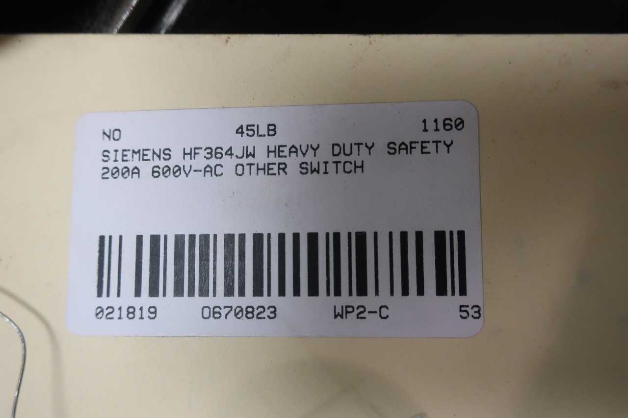 SIEMENS HF364JW FUSIBLE DISCONNECT SWITCH 3P 200A - DISCONNECT SWITCHES