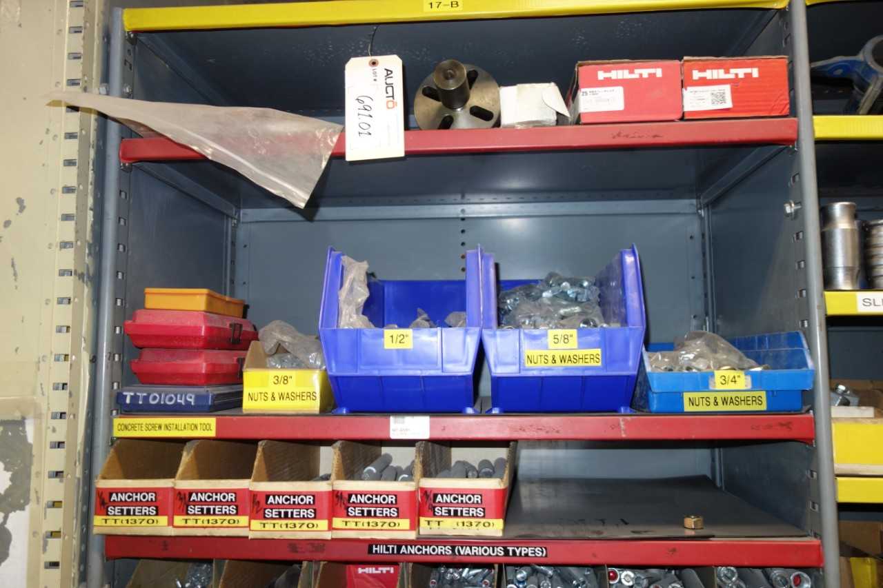Contents of Shelving - Assorted lot of setters, anchors, bolts, and nuts - SHELVING
