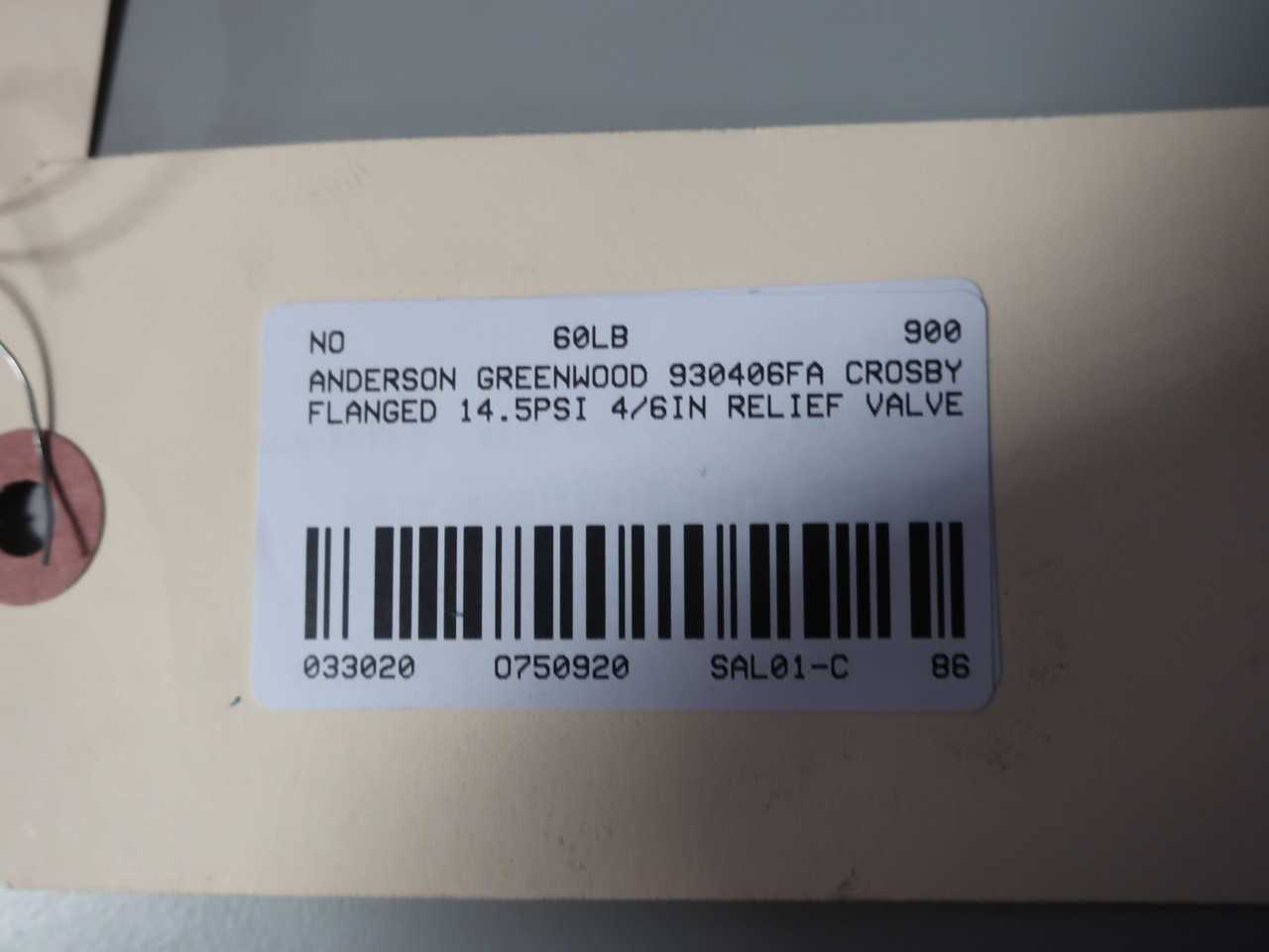 ANDERSON GREENWOOD 930406FA CROSBY ALUMINUM 14.5PSI 4/6IN RELIEF VALVE - RELIEF VALVE