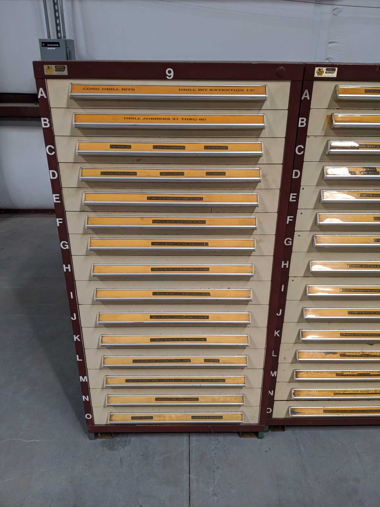 4 STANLEY VIDMAR CABINETS WITH CONTENTS - DRILL BITS, REAMERS, HOSE FITTINGS, BRUSHES, ABRASIVE PADS - TOOL STORAGE