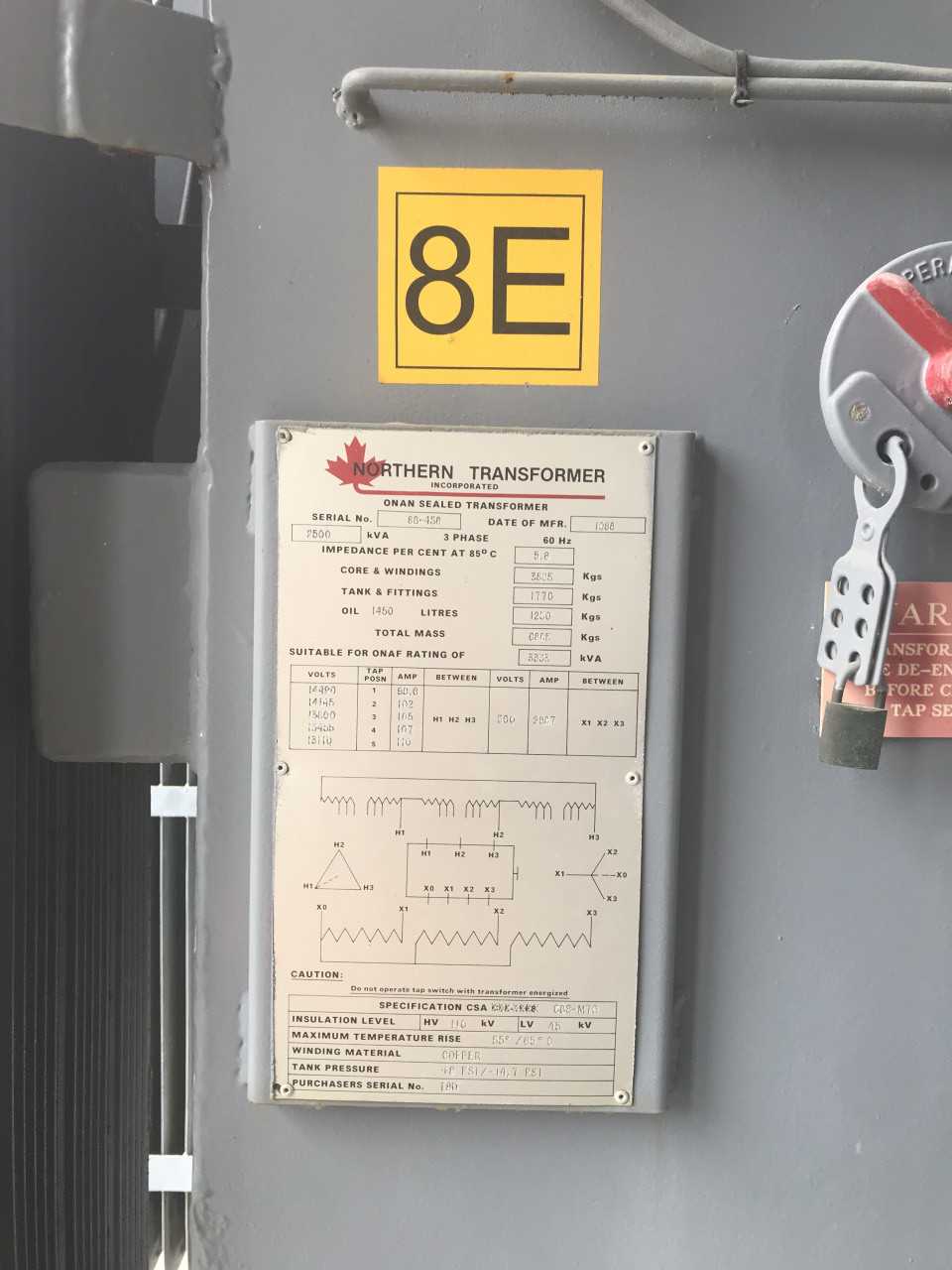 1988 Northern Transformer 2500KVA 13800V-AC Oil Type Transformer - CONTROL TRANSFORMERS