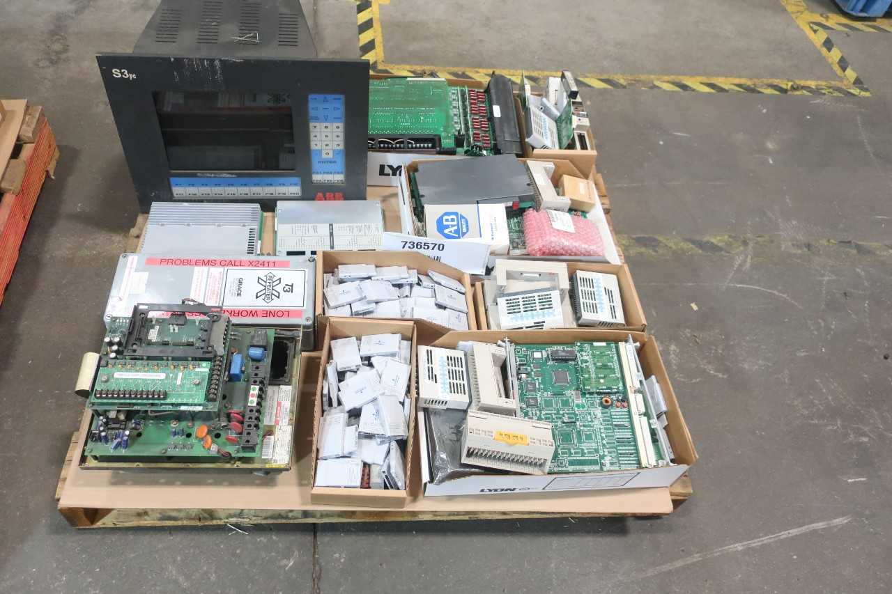 1 PALLET OF ASSORTED ELECTRICAL CIRCUIT BOARDS, MODULES, COMM CONTROLS, AC MOTOR DRIVE, INPUT/OUTPUT MODULE CONTROLS, INTERFACE PANEL CONTROLS- EMERSON, GENERAL ELECTRIC, ALLEN BRADLEY, AEG MODICON, ABB - AUTOMATION & CONTROLS