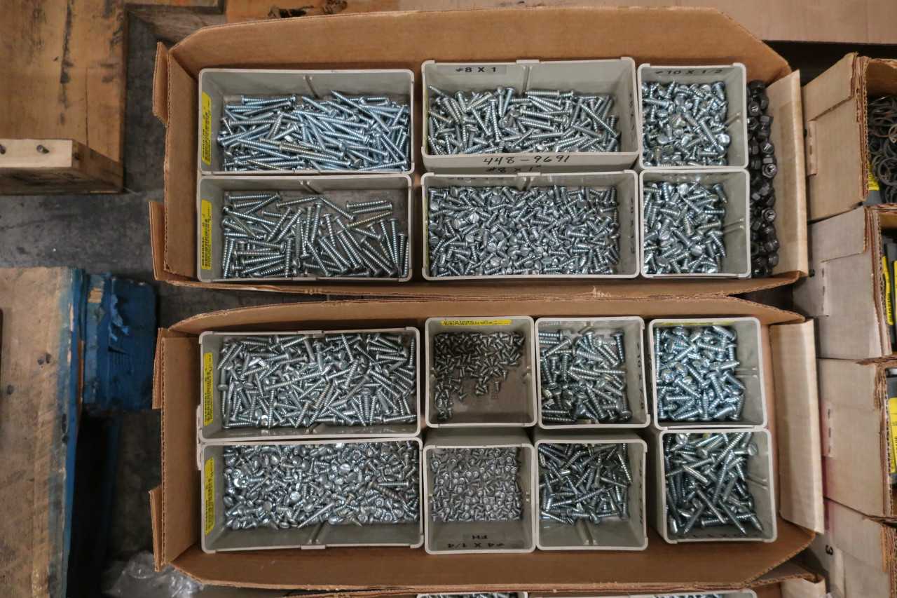 4 PALLETS OF ASSORTED HARDWARE NUTS BOLTS HINGES WASHERS SCREWS SHIMS - ELECTRIC POWER TOOLS