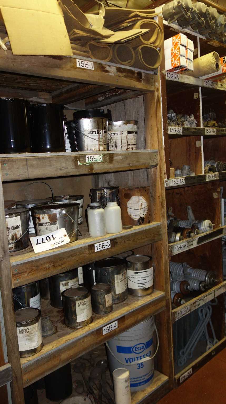 CONTENTS OF PIGEON HOLE CABINET, ASSORTED CANS OF CHEMICAL COMPOUNDS, JOINT AND TERMINAL COMPOUND, OIL PACKED VARNISHED GLASS TAPE, JERRY CANS, INSULATING OIL, ESSO - ELECTRICAL COMPONENTS