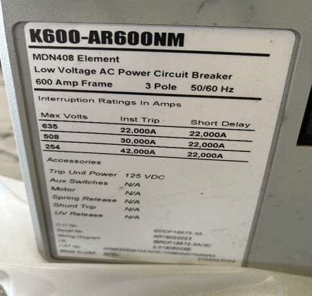 QTY 3 - EATON K600-AR600NM LOW VOLTAGE POWER CIRCUIT BREAKER - LOW VOLTAGE CIRCUIT BREAKERS