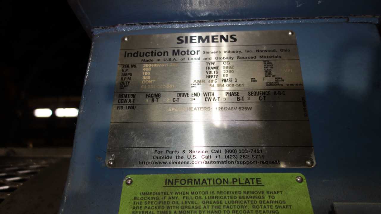 SIEMENS TYPE CG 400HP MOTOR 2300V 588Z 889RPM - MISCELLANEOUS