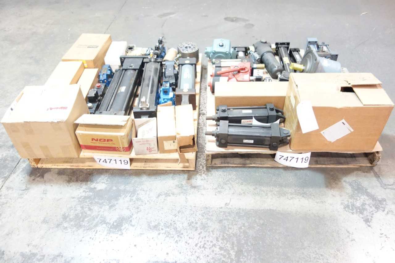 2 PALLETS OF ASSORTED MOTORS, VALVES, CYLINDER, FILTERS, PUMPS- PALL, NACHI, MONARCH - ELECTRIC MOTORS