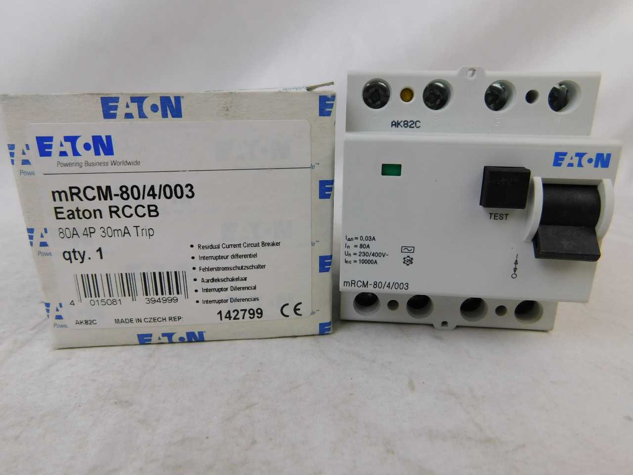 Lot of Qty 40x Eaton mRCM-80/4/003 Residual Current Device Type AC 4P 80A 120/240VAC 50/60Hz - ELECTRICAL COMPONENTS