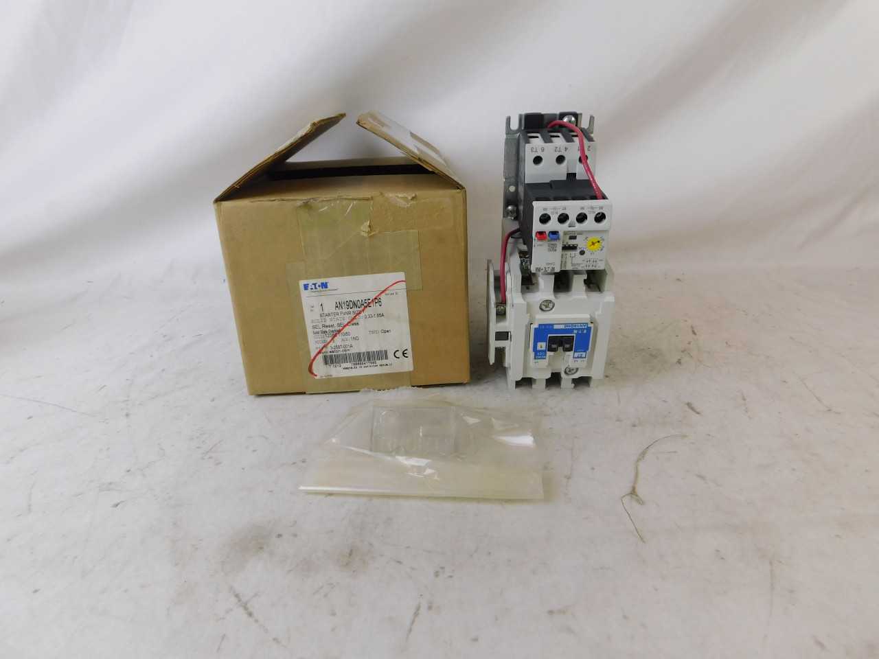 Quantity of 1 New Surplus Eaton AN19DN0A5E1P6 Starter Non-Reversing 3P 27A 120V 3 Ph 10 HP - MOTOR STARTERS Quantity of 1 New Surplus Eaton AN19DN0A5E1P6 Starter Non-Reversing 3P 27A 120V 3 Ph 10 HP - MOTOR STARTERS