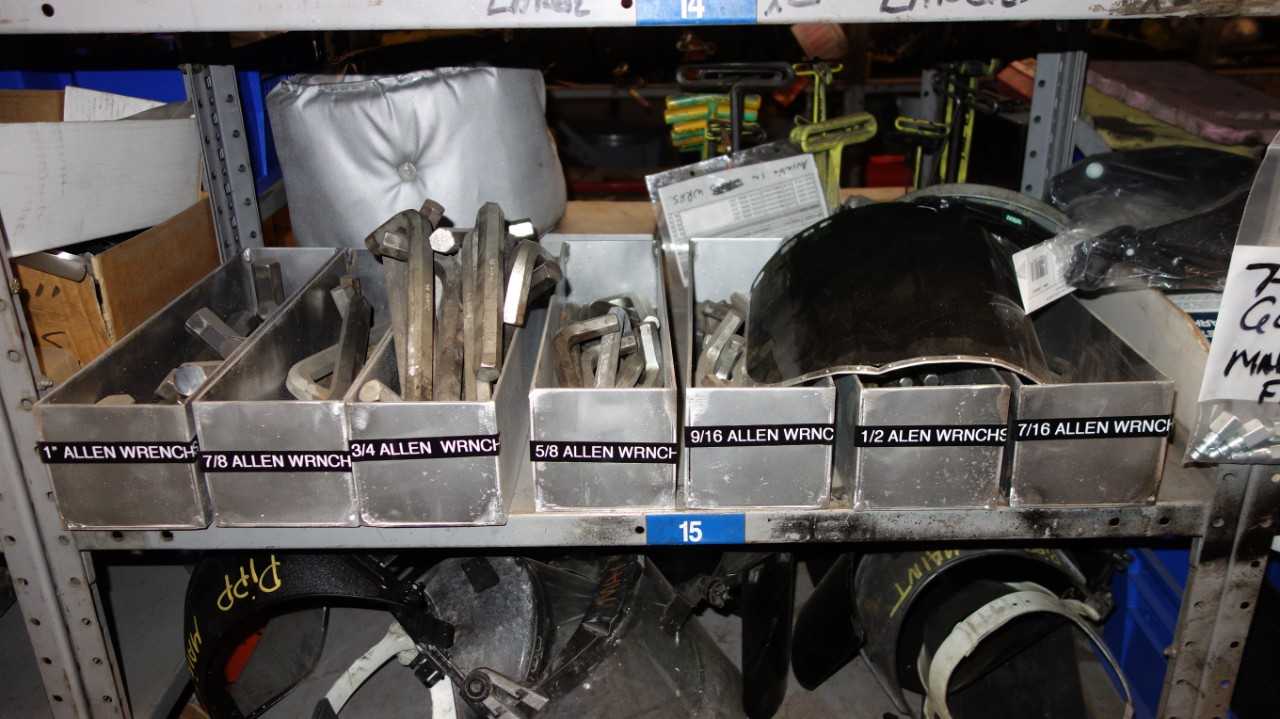 CONTENTS OF 6 SHELVING SECTIONS ASSORTED SCREWS HOOKS WELDING EQUIPMENT WRENCHES SOCKETS AND STAMPS - INDUSTRIAL PARTS